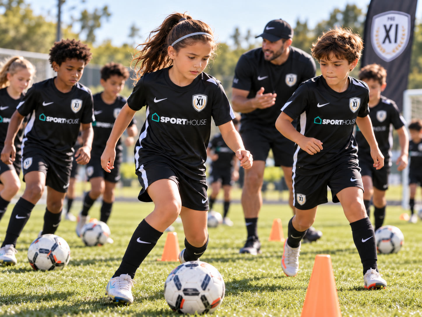 Young players dribble soccer balls between cones with an adult behind them